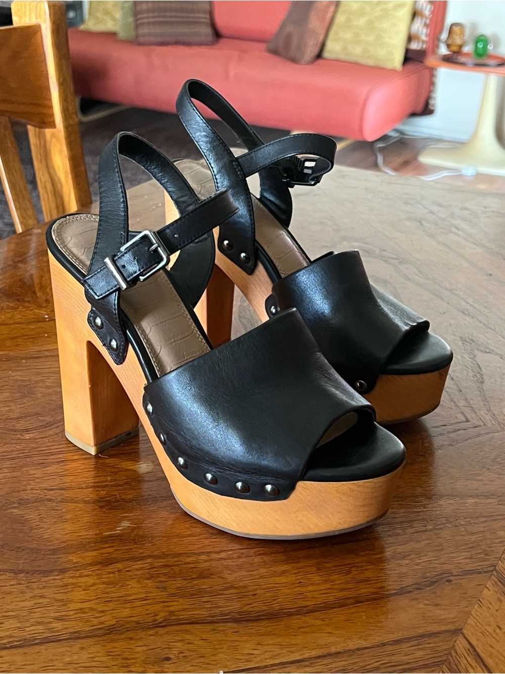 Gianni Bini Black Leather Retro Platform Sandals with Wood Block Heel